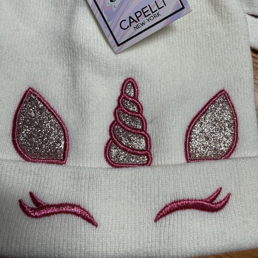 NWT Capelli New York Unicorn Knit Hat & Gloves Set Ivory Pink M/L - Picture 3 of 5